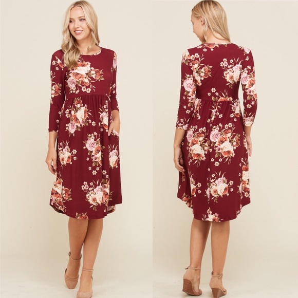 First Look | Dresses | Nwt Womens Floral Red Burgundy Midi Dress | Poshmark